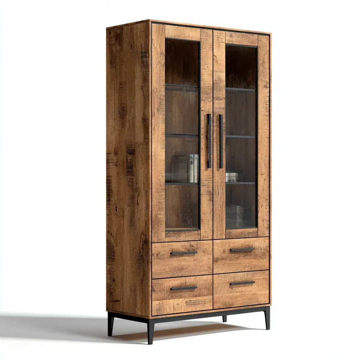 Vitrine de salon 2 portes vitrées 4 tiroirs marron 90 x 40 x 180 cm bois de manguier massif rectangulaire