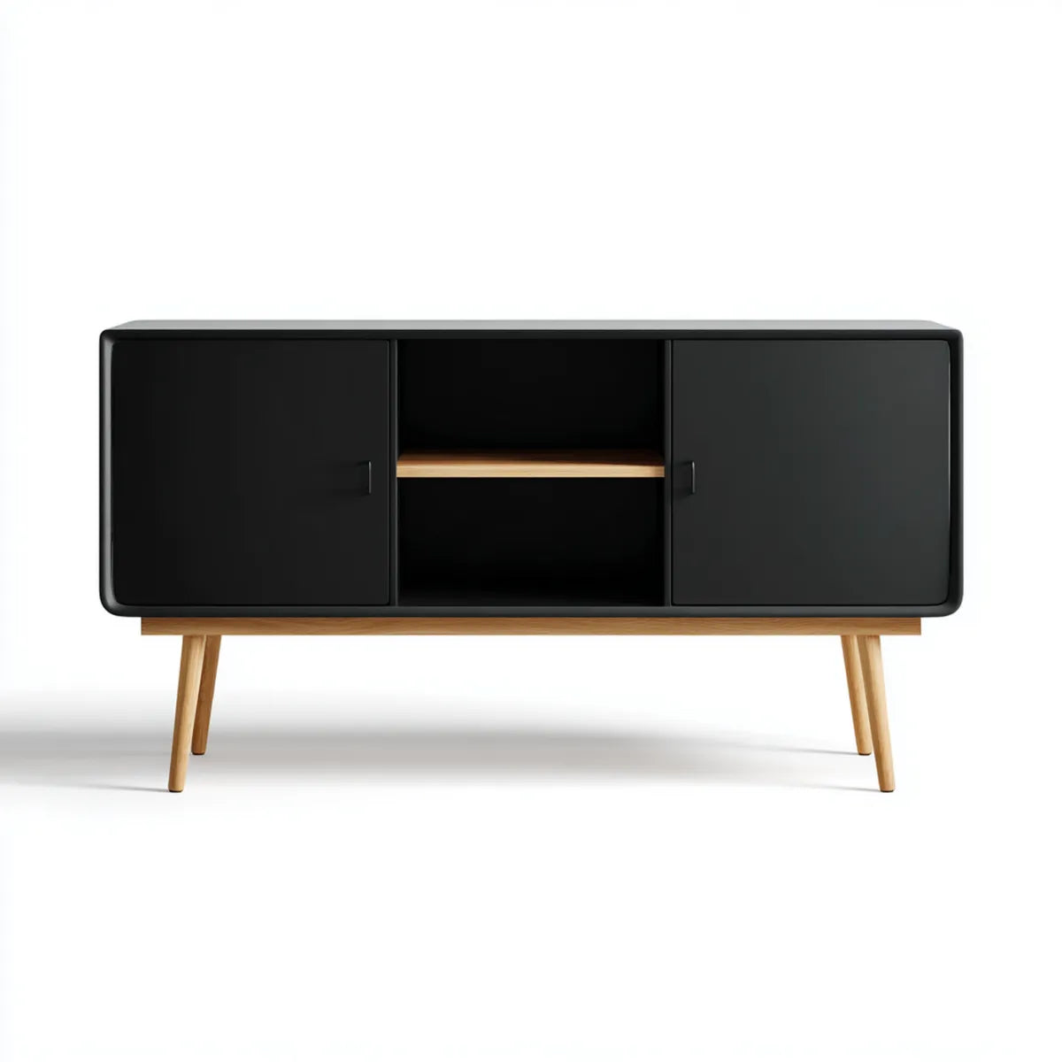 Buffet bas noir et naturel rectangulaire 140 x 40 x 75 cm en MDF et hévéa massif