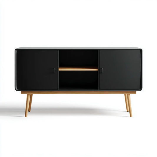 Buffet bas noir et naturel rectangulaire 140 x 40 x 75 cm en MDF et hévéa massif