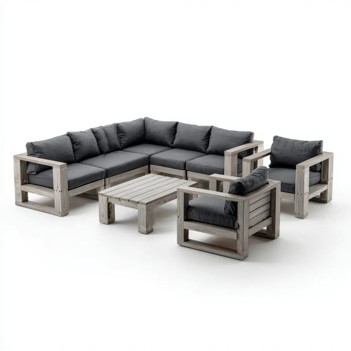Salon de jardin d'angle 6 pièces gris anthracite en bois massif d'acacia avec coussins 230 x 230 cm