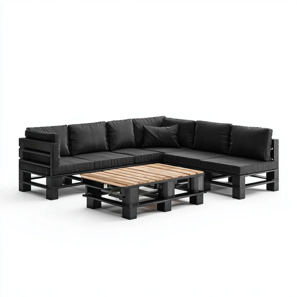 Salon de jardin d'angle 4 places noir en pin massif avec table basse rectangulaire 240 x 180 x 70 cm