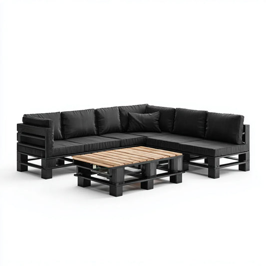 Salon de jardin d'angle 4 places noir en pin massif avec table basse rectangulaire 240 x 180 x 70 cm