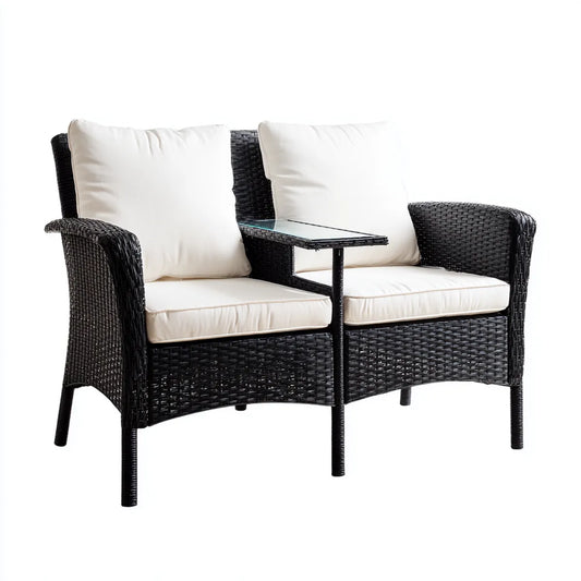 Canapé de jardin 2 places avec table centrale noir et blanc cassé 152 x 62 x 85 cm résine tressée PE acier verre trempé forme rectangulaire