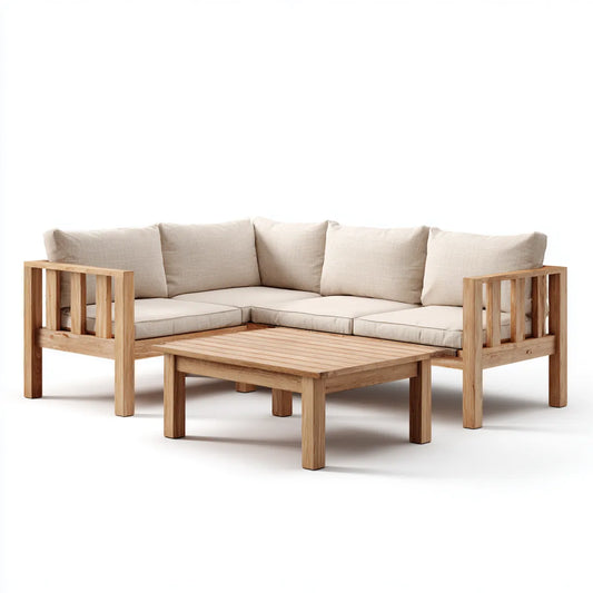 Salon de jardin d'angle 4 pièces beige en acacia massif avec coussins 220 x 220 cm