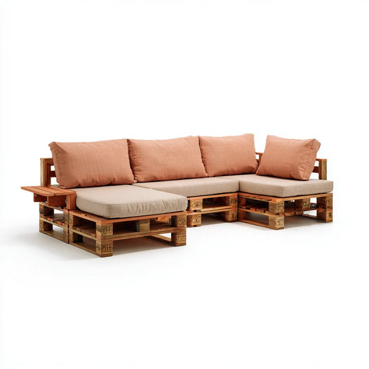 Canapé de jardin d'angle 3 places en pin massif naturel avec coussins beige terracotta 280 x 200 x 80 cm