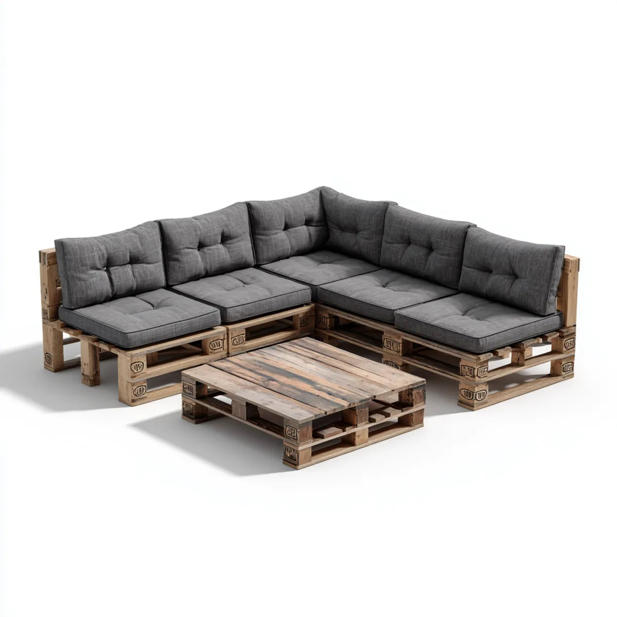 Salon de jardin d'angle 5 places en palettes bois brun avec coussins gris 240 x 240 cm