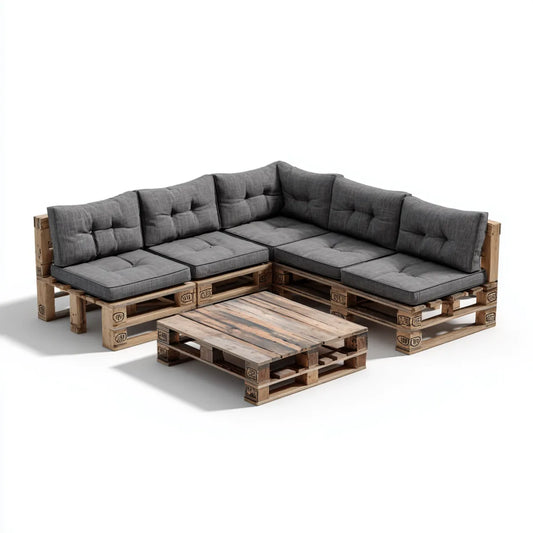 Salon de jardin d'angle 5 places en palettes bois brun avec coussins gris 240 x 240 cm