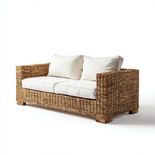 Canapé de jardin 2 places naturel et blanc en rotin tressé rectangulaire 150 x 80 x 75 cm