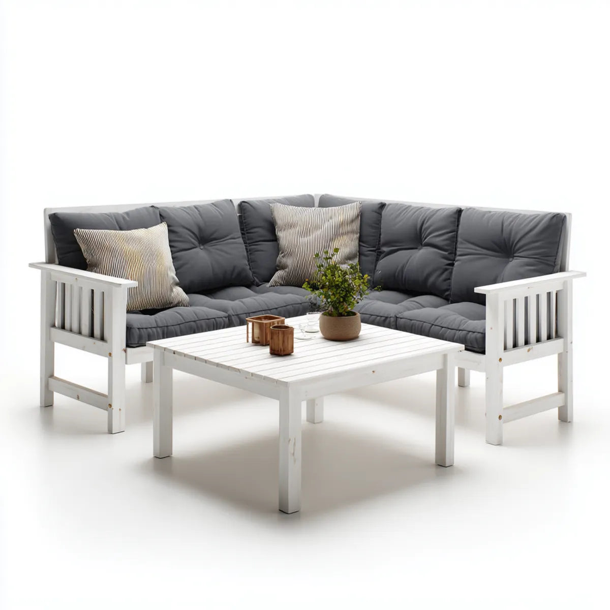 Salon de jardin d'angle 5 places blanc et gris anthracite en pin massif avec table basse rectangulaire 210 x 210 cm