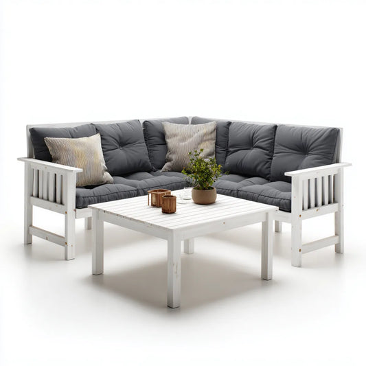 Salon de jardin d'angle 5 places blanc et gris anthracite en pin massif avec table basse rectangulaire 210 x 210 cm