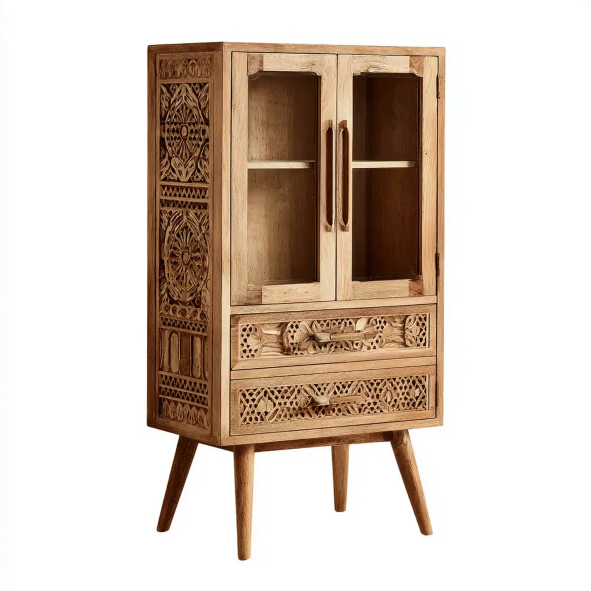 Vitrine de salon en bois de manguier massif naturel rectangulaire 80 x 40 x 160 cm avec 2 portes et 2 tiroirs