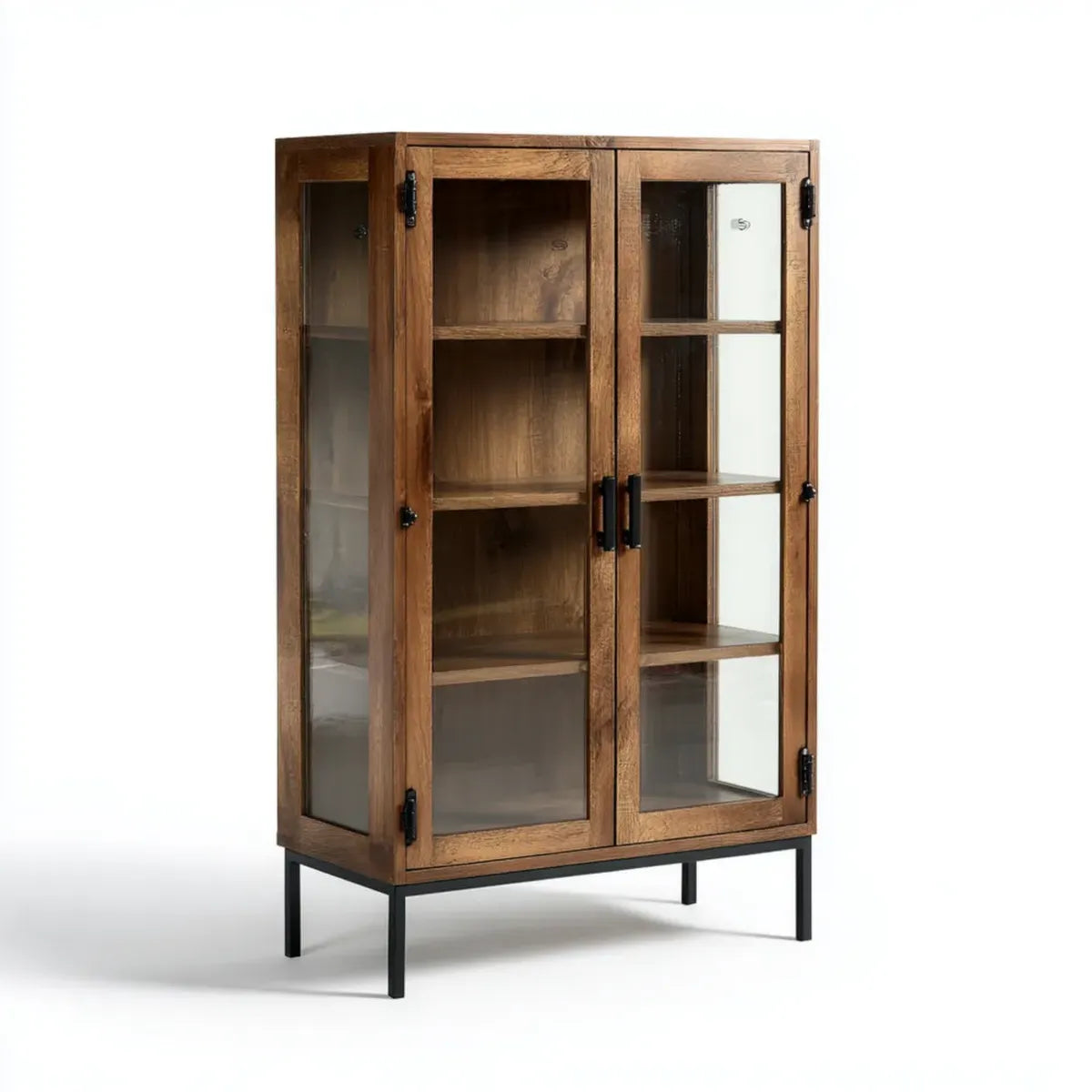 Vitrine de salon 2 portes marron en bois massif de manguier et verre rectangulaire 90 x 40 x 180 cm