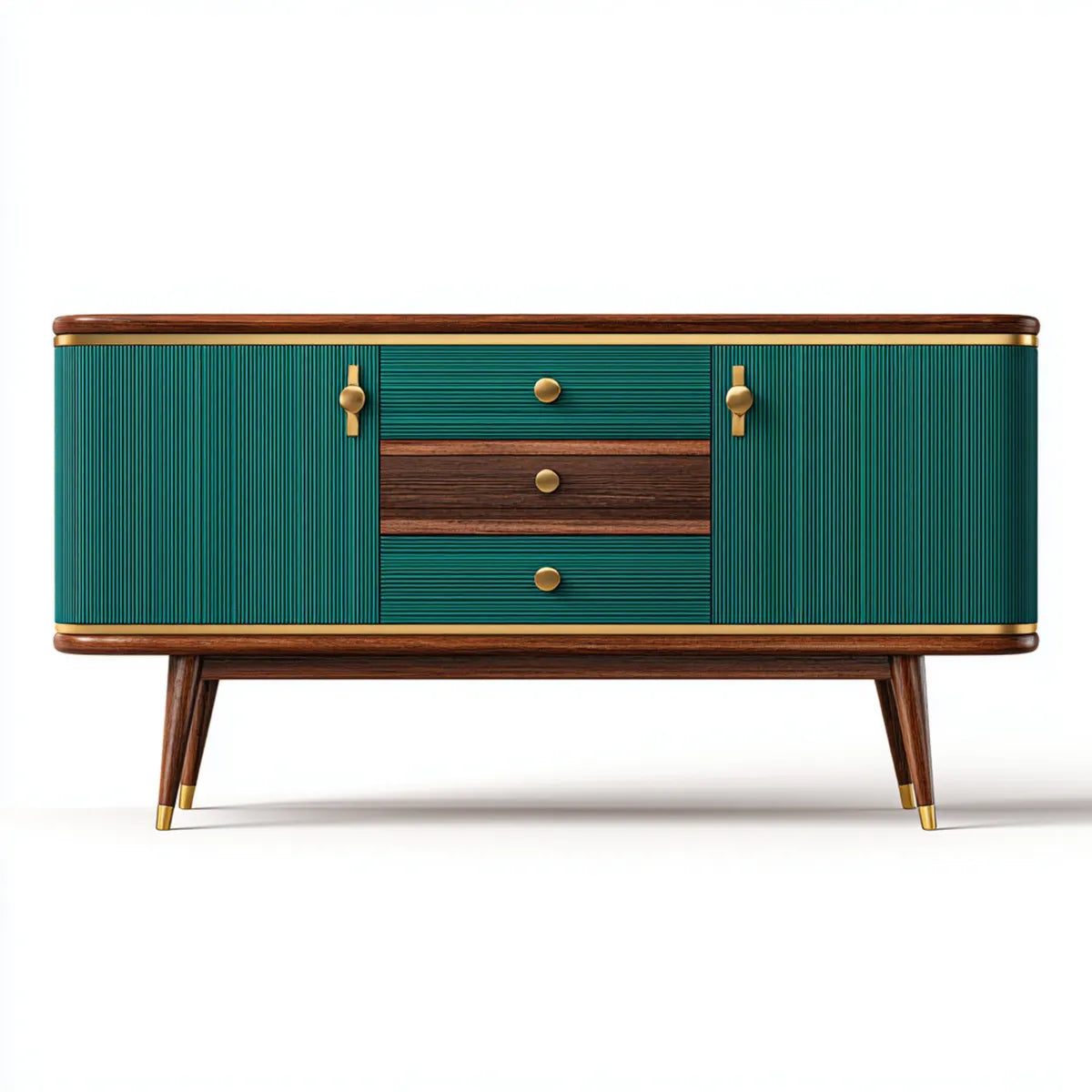 Buffet de salon vert émeraude 160 x 40 x 85 cm en MDF et hévéa massif rectangulaire avec 3 tiroirs et 2 portes