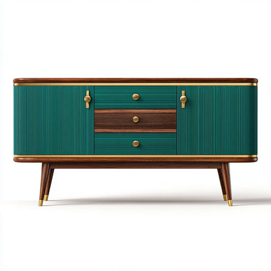 Buffet de salon vert émeraude 160 x 40 x 85 cm en MDF et hévéa massif rectangulaire avec 3 tiroirs et 2 portes