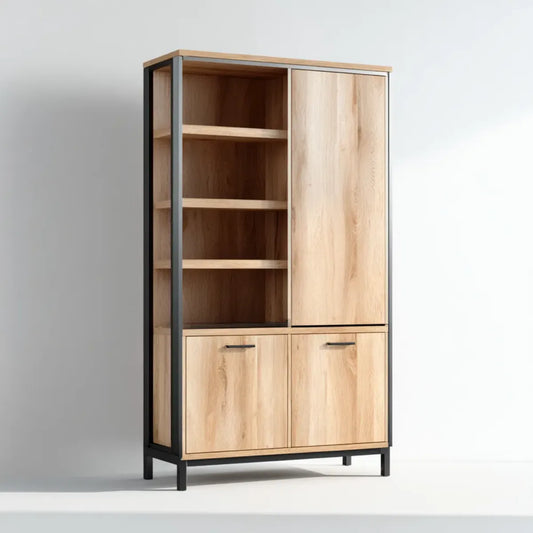Armoire de rangement rectangulaire chêne clair et noir 90 x 40 x 180 cm en panneaux de particules et acier