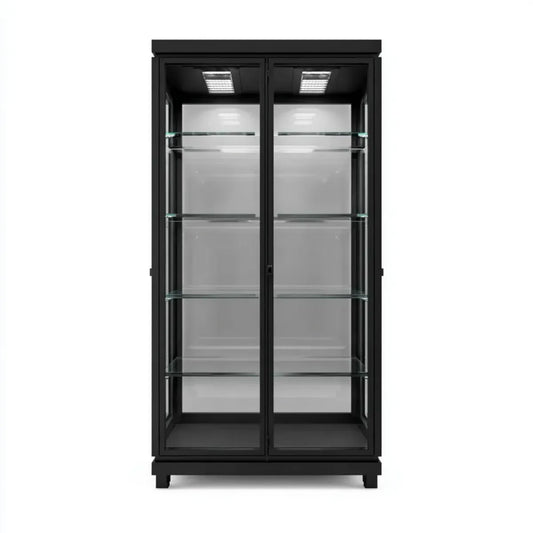 Vitrine de salon noire rectangulaire en MDF et verre trempé 90 x 40 x 200 cm