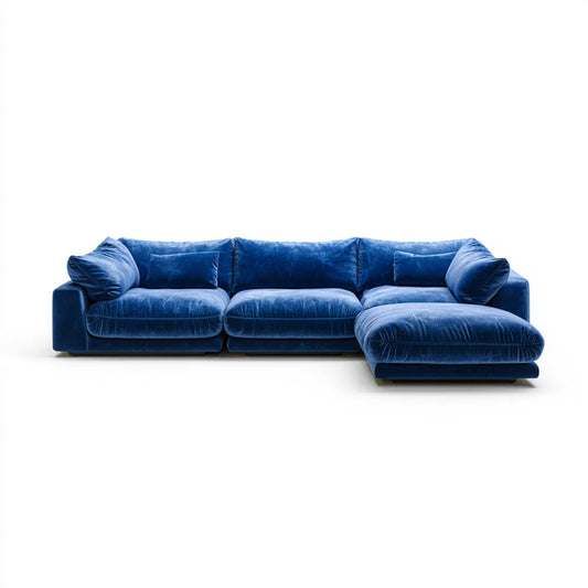 Canapé d'angle 4 places bleu en velours de polyester forme L 300 x 170 x 85 cm
