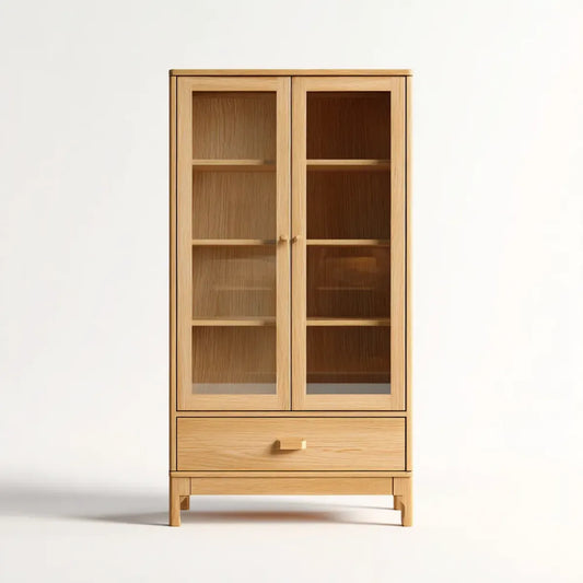 Vitrine de rangement 2 portes en verre chêne naturel 90 x 40 x 180 cm