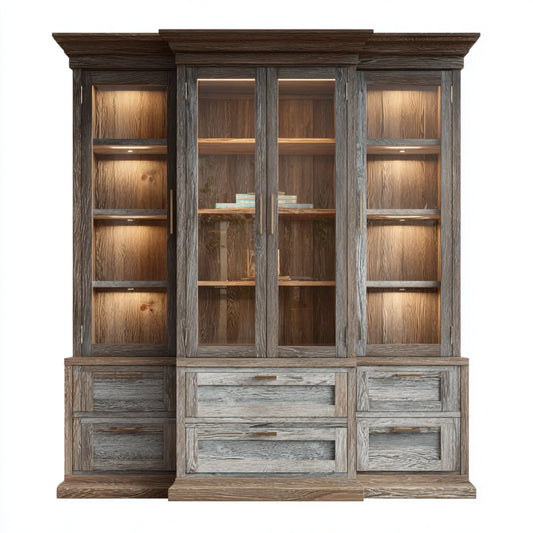 Vaisselier vitrine 4 portes vitrées 6 tiroirs chêne massif gris brun 200 x 45 x 220 cm rectangulaire